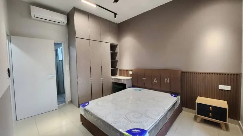 Bedroom features: queen-size bed, upholstered headboard, built-in wardrobe with sliding doors, wall-mounted air conditioning unit, cream painted walls, tile flooring, nightstand with drawer, recessed lighting, decorative wall paneling; style: modern.