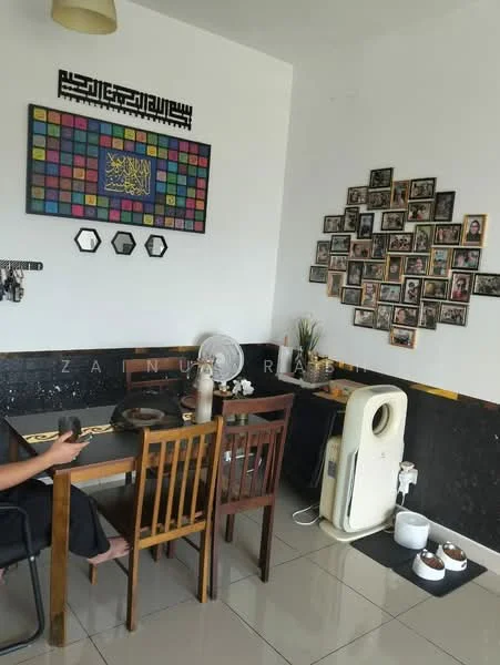 Dining features: dining table with four wooden chairs, black and white tiled flooring, wall-mounted artwork with geometric pattern, decorative wall with multiple photo frames, white walls, black accent wall, floor-standing air cooler, decorative plant in ceramic pot, pet feeding bowls, key holder mounted on wall; style: modern.