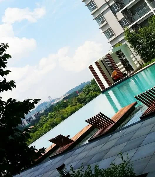 Exterior type: high-rise condominium; features: infinity pool, pool deck with loungers, landscaped garden, surrounded by greenery, city skyline view in background, modern architectural design; style: modern.