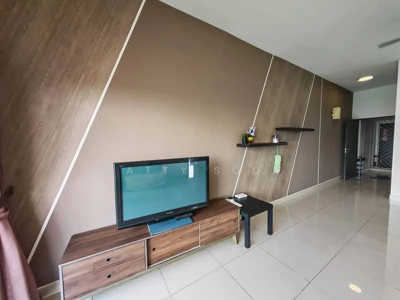 Living features: brown accent wall, light wood paneling, white painted walls, glossy tile flooring, TV console with storage, flat-screen TV, black coffee table, shelf on wall, decorative plant, door to hallway; style: modern.