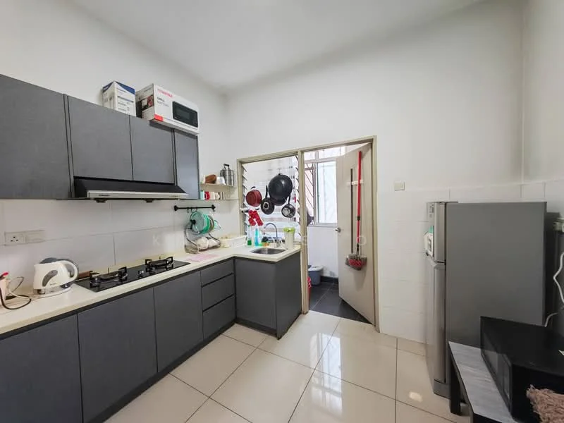 Kitchen features: grey cabinetry, white countertop, stainless-steel sink, chrome pull-down faucet, built-in gas hob, microwave on shelf, refrigerator, window with natural light, black floor tiles, wall-mounted shelves, kitchen utensils on display, white tiled walls; style: modern.