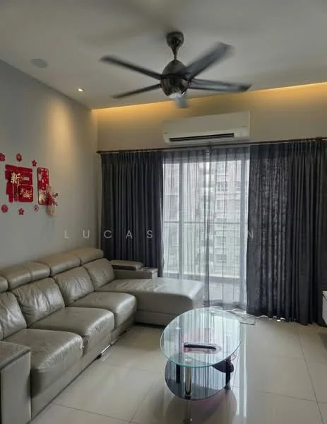 Living features: 3-seater leather sofa in grey, glass coffee table, floor-to-ceiling windows, blackout curtains, white painted walls, recessed downlights, ceiling fan, wall-mounted air conditioning unit, decorative wall art; style: modern; view: city.