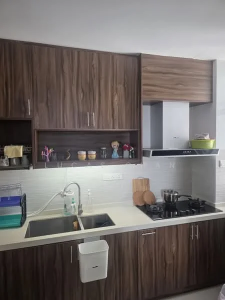Kitchen features: dark wood cabinetry, white countertop, single-bowl stainless-steel sink, chrome pull-down faucet, built-in gas hob, stainless-steel range hood, white tiled backsplash, open shelving, decorative items on shelves, kitchen utensils, wooden cutting board; style: modern.