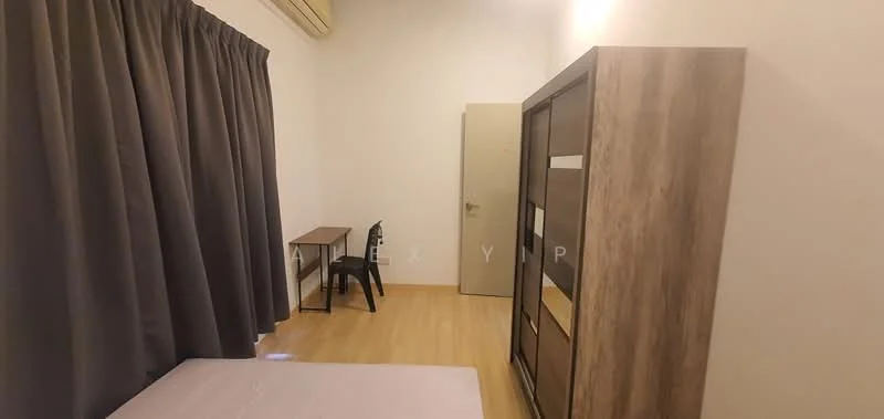 Bedroom features: wooden flooring, grey curtains, single bed frame, study desk, black chair, built-in wardrobe with sliding doors, plain white walls, door to hallway; style: minimalist.