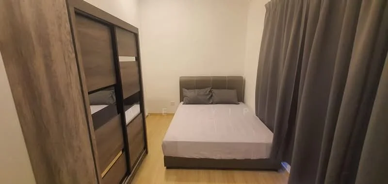 Bedroom features: queen-size bed, upholstered headboard, wooden flooring, grey curtains, built-in wardrobe with sliding doors, decorative pillows, plain white bedding, neutral wall color; style: modern.