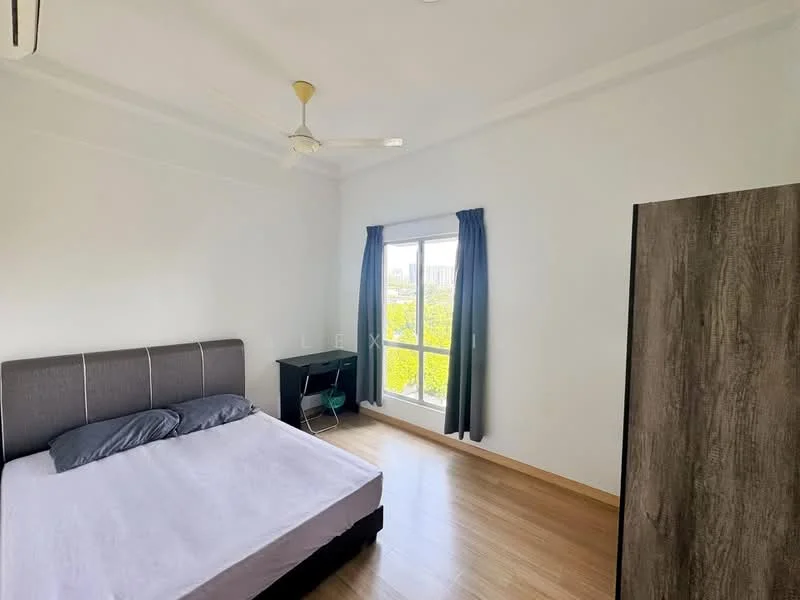 Bedroom features: queen-size bed, upholstered headboard, 2 bedside pillows, wooden flooring, white painted walls, ceiling fan, floor-to-ceiling window, curtains, desk with chair, wardrobe; style: modern; view: garden.