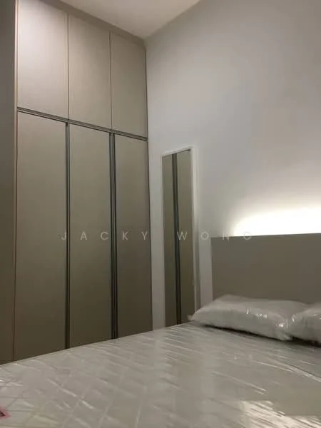 Bedroom features: queen-size bed, upholstered headboard, built-in wardrobe with sliding doors, mirror on wall, white painted walls, recessed lighting above headboard, bedside table, decorative pillows; style: modern.