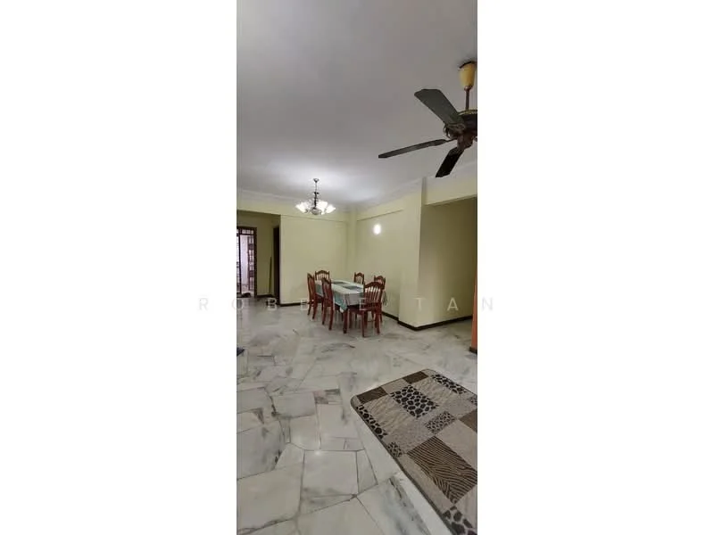 Dining features: marble flooring, ceiling fan, 6-seater dining table, wooden dining chairs, chandelier, decorative area rug, cream painted walls, wall-mounted light fixture; style: modern. Living features: marble flooring, cream painted walls, ceiling fan, decorative area rug; style: modern.