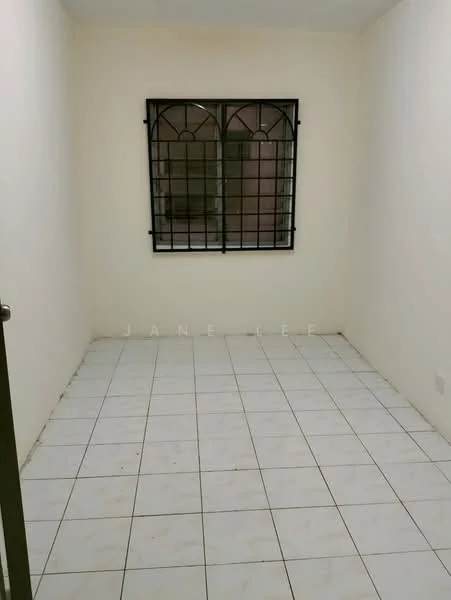 Room features: white painted walls, tile flooring, grill window, single window, empty room.