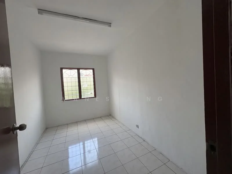 Room features: white painted walls, tile flooring, single window with grid pattern, ceiling light fixture, no visible furniture, empty room.