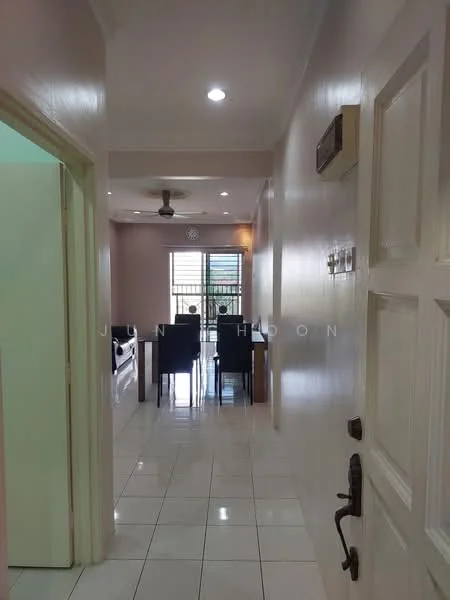 Room features: white painted walls, glossy white tile flooring, recessed downlights, ceiling fan, window with sheer curtains, dining table with chairs, open layout, doorway leading to another room; style: modern.