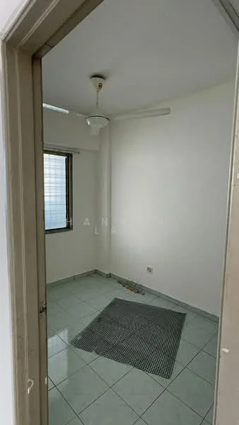 Room features: white painted walls, green ceramic tile flooring, ceiling fan, window with blinds, small area rug, light fixture, corner baseboard, door frame.