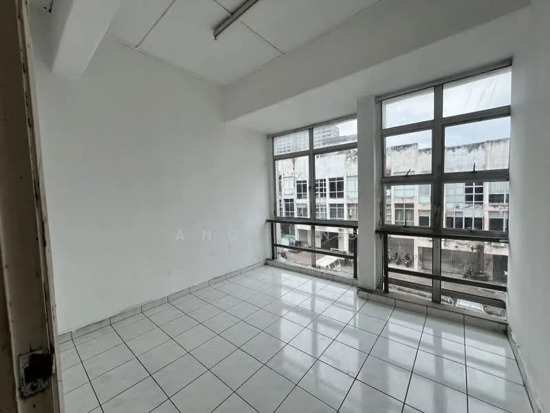 Room features: white painted walls, tile flooring, large windows, natural light, corner room, open layout, high ceiling, no visible furniture; style: minimalist; view: city.