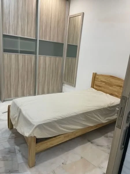 Bedroom features: single bed, wooden bed frame, cream bed linen, built-in wardrobe with sliding doors, light wood finish on wardrobe, marble flooring, neutral wall color, minimalist decor; style: modern.