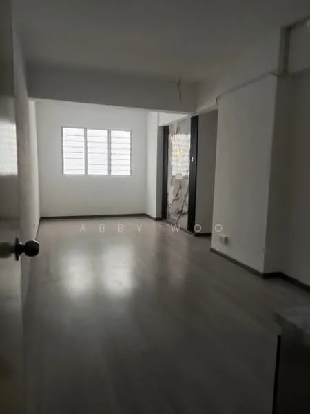 Room features: white painted walls, light wood flooring, large window with horizontal slats, exposed ceiling, corner wall with stone cladding, no visible furniture or decor; style: modern.