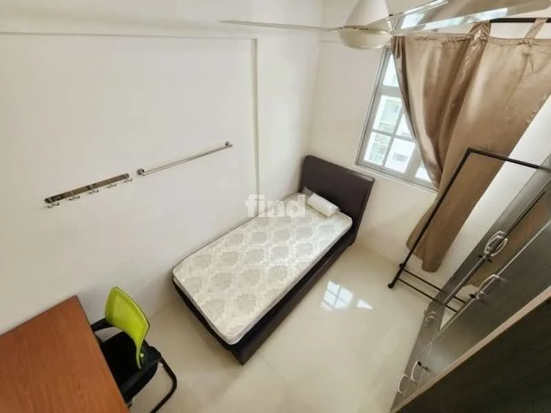 Bedroom features: single bed, mattress, study desk, chair, built-in wardrobe, floor-to-ceiling window, curtains, ceiling fan, white painted walls, glossy tile flooring; style: modern.