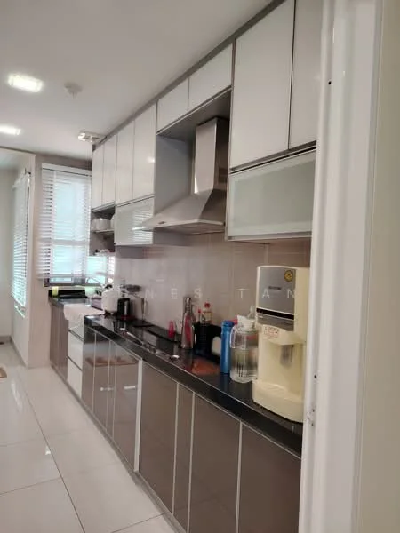 Kitchen features: white high-gloss cabinetry, black granite countertop, stainless-steel range hood, built-in oven, freestanding range oven, stainless-steel fridge, water dispenser, ceramic tile flooring, recessed LED downlights, window with blinds, splashback with neutral tiles; style: modern.