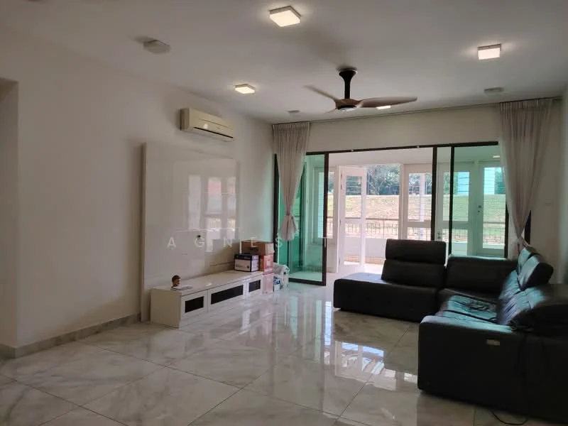 Living features: marble tile flooring, white painted walls, 5-blade ceiling fan with light, wall-mounted air conditioning unit, large sliding glass door, floor-to-ceiling windows, grey leather sectional sofa, TV console with storage, decorative wall panel, sheer curtains; style: modern; view: garden.