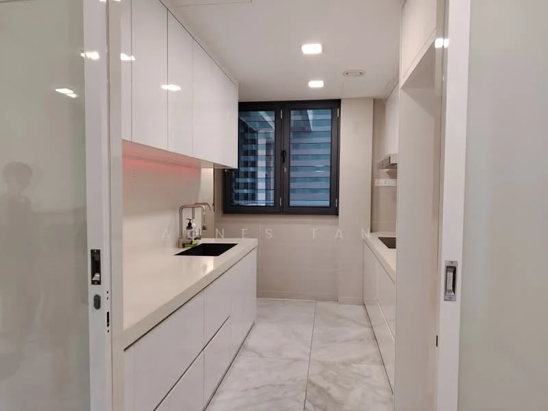Kitchen features: white flat-panel cabinets, black countertop, single-bowl stainless-steel sink, chrome pull-down faucet, built-in oven, stainless-steel range hood, marble tile flooring, recessed LED downlights, floor-to-ceiling window, white tiled backsplash, open shelving, sliding glass door; style: modern.