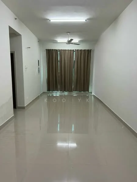 Living features: white painted walls, glossy ceramic tile flooring, ceiling fan, floor-to-ceiling windows, sheer curtains, recessed lighting, neutral color scheme, open layout; style: modern.