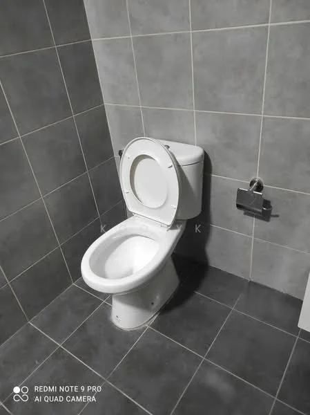Bathroom features: white toilet, grey tiled walls, dark grey tiled flooring, toilet paper holder, flush mechanism; style: modern.
