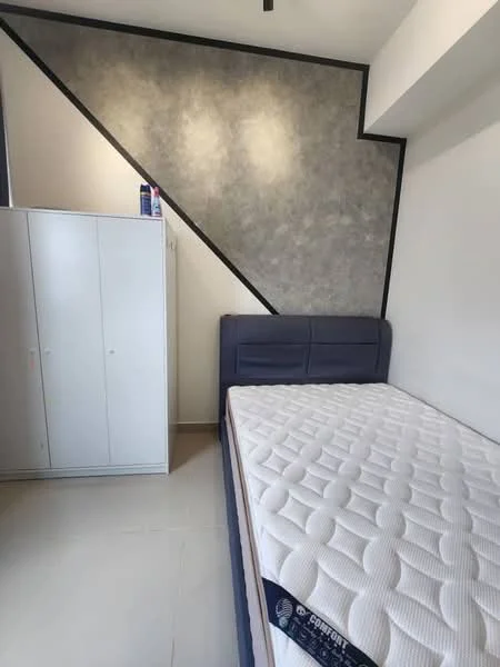 Bedroom features: grey accent wall, white painted walls, queen-size bed, upholstered headboard, built-in wardrobe, tile flooring, ceiling fan, natural light from window; style: modern.