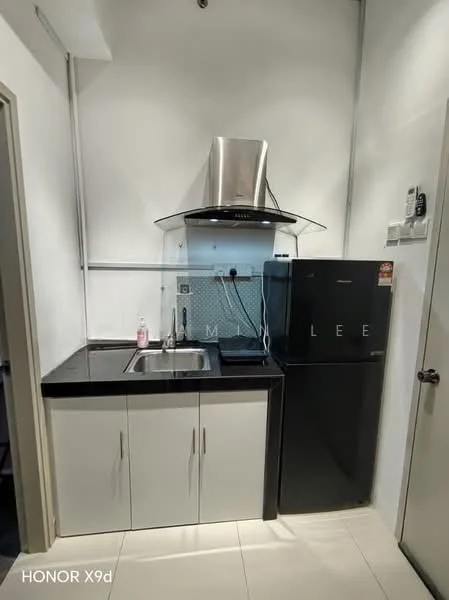 Kitchen features: black granite countertop, white cabinetry, stainless-steel sink, chrome pull-down faucet, built-in stainless-steel range hood, black fridge, tile backsplash, white tiled walls, white tiled flooring; style: modern.