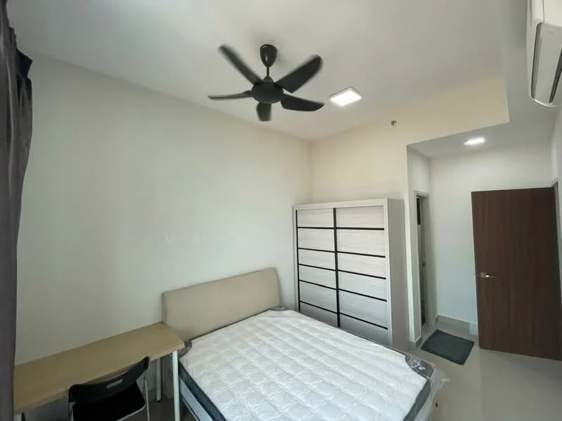 Bedroom features: queen-size bed, upholstered headboard, white bedding, 5-blade ceiling fan, built-in wardrobe with multiple drawers, study desk, chair, white painted walls, tile flooring, recessed ceiling lights, air conditioning unit; style: modern.
