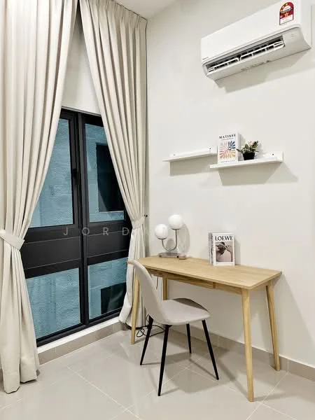 Study features: light grey walls, white ceiling, floor-to-ceiling window, black framed window, sheer curtains, wooden desk, grey upholstered chair, shelf with decorative items, table lamp, wall-mounted air conditioning unit, tile flooring; style: modern; view: city.
