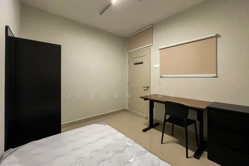 Bedroom features: single bed with mattress, black wardrobe, wooden study desk, black chair, cream painted walls, tile flooring, window with roller blinds, door with handle; style: modern.