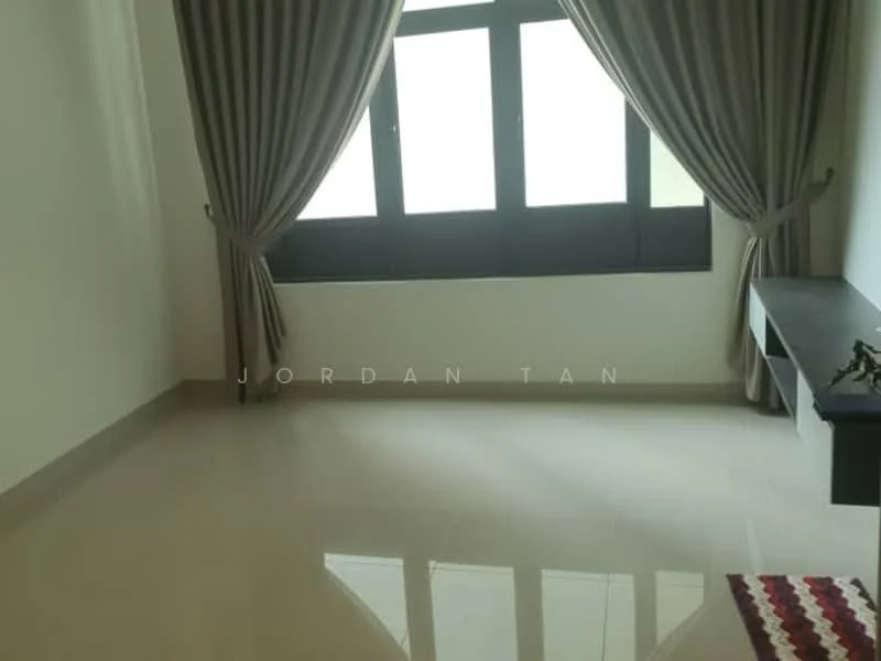 Room features: white painted walls, glossy ceramic tile flooring, floor-to-ceiling windows, sheer curtains, dark wood shelf, neutral color scheme; style: modern.