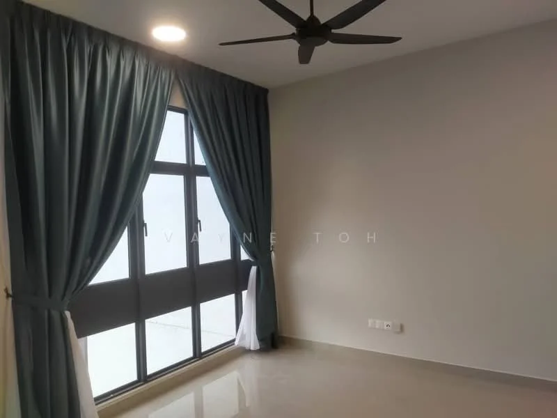 Room features: grey painted walls, floor-to-ceiling windows, sheer curtains, dark blue curtains, polished tile flooring, 5-blade ceiling fan with light, recessed downlights; style: modern.