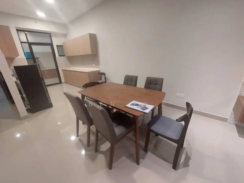 Dining features: wooden dining table, 4 dining chairs with upholstered seats, light grey walls, glossy tile flooring, recessed ceiling lights, open layout to kitchen, kitchen cabinetry visible in background, fridge visible in background; style: modern.