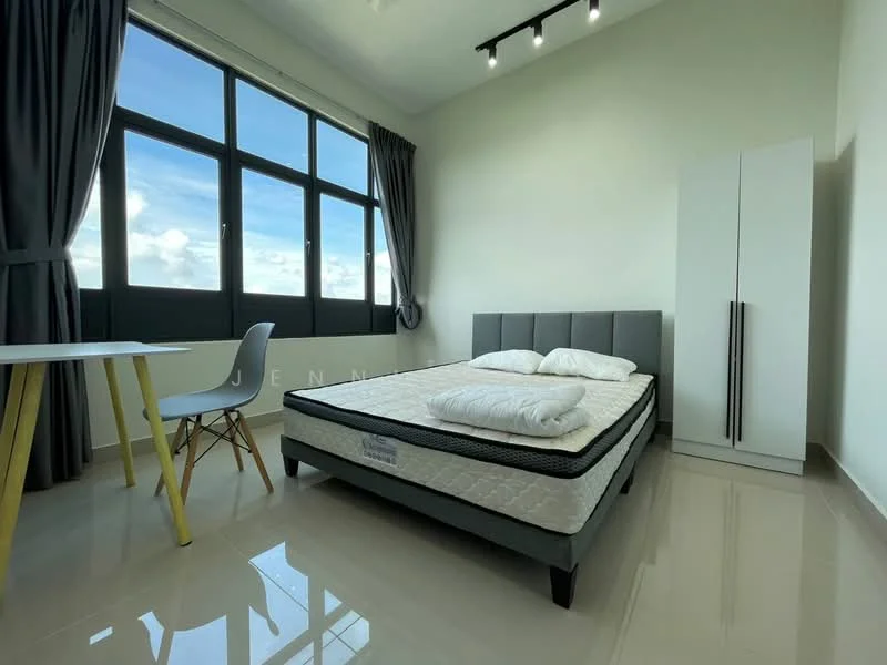 Bedroom features: queen-size bed, upholstered headboard, white bedding, grey bed frame, floor-to-ceiling windows, curtains in grey, white wardrobe, study desk, plastic chair, polished tile flooring, recessed downlights, minimalist decor; style: modern; view: sky.