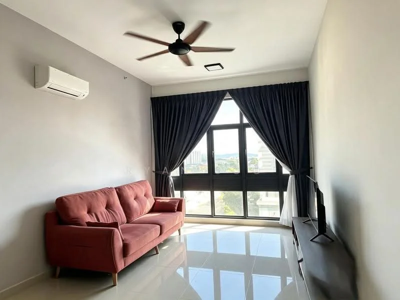 Living features: 3-seater fabric sofa in pink, wall-mounted TV, TV console, floor-to-ceiling windows, blackout curtains, white painted walls, polished tile flooring, 1 wall-mounted split AC, ceiling fan with light, decorative wall panel; style: modern; view: city.