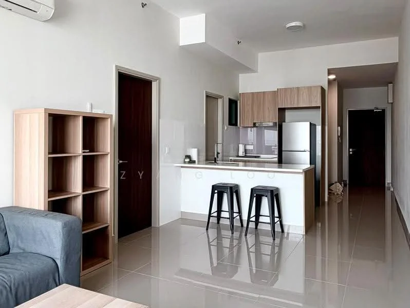 Kitchen features: white cabinets, stainless-steel fridge, stainless-steel sink, chrome pull-down faucet, white countertop, open shelving, 2 bar stools, ceramic tile flooring, recessed downlights, wall-mounted split AC; style: modern. Living features: grey fabric sofa, wooden bookshelf, ceramic tile flooring, recessed downlights; style: modern. Hallway features: ceramic tile flooring, recessed downlights; style: modern.