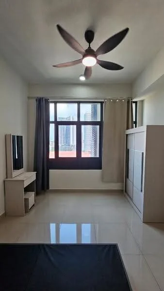 Bedroom features: light brown tiled flooring, white painted walls, 5-blade ceiling fan with light, floor-to-ceiling windows, blackout curtains, TV console, built-in wardrobe, decorative wall panel, city view; style: modern; view: city.