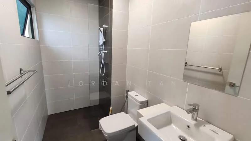 Bathroom features: white tiled walls, dark grey floor tiles, walk-in shower with glass enclosure, rain shower head, handheld shower, single-sink vanity with white cabinet, chrome basin mixer faucet, one-piece toilet, framed mirror, towel bar, window for natural light; style: modern.
