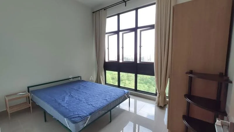 Bedroom features: queen-size bed, blue mattress, floor-to-ceiling windows, curtains, tile flooring, wooden shelving unit, nightstand, green metal bed frame; style: modern; view: garden.
