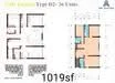 Floor plan: 3-bedroom 2-bathroom unit; features: open-plan kitchen-dining-living, master bedroom with ensuite bathroom, balcony off living room, utility room, laundry area, central foyer, 2 car porch, 1,019 sqft built-up.