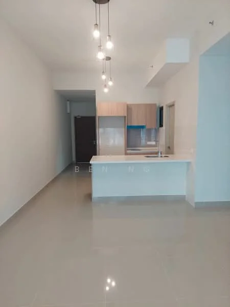 Kitchen features: white painted walls, glossy ceramic tile flooring, kitchen island with countertop, wood cabinetry, built-in refrigerator, stainless-steel sink, chrome pull-down faucet, pendant lighting, open layout, recessed downlights; style: modern.