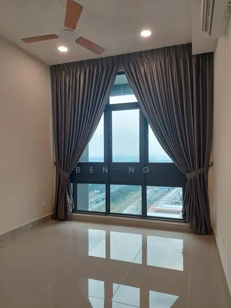 Room features: floor-to-ceiling windows, grey curtains, 5-blade ceiling fan, glossy tile flooring, neutral painted walls, city view, air conditioning unit; style: modern; view: city.
