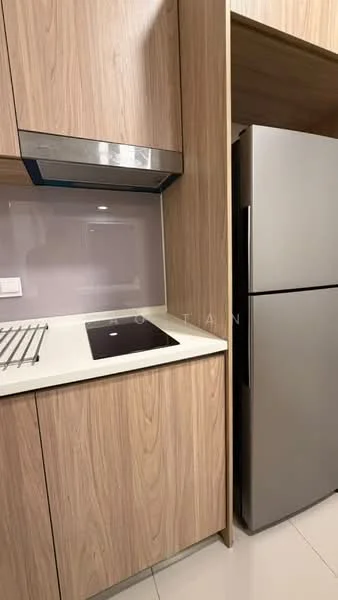 Kitchen features: stainless-steel range hood, ceramic cooktop, white countertop, wood cabinetry with wood grain finish, built-in fridge, grey fridge, tile backsplash, wall-mounted electrical outlets; style: modern.