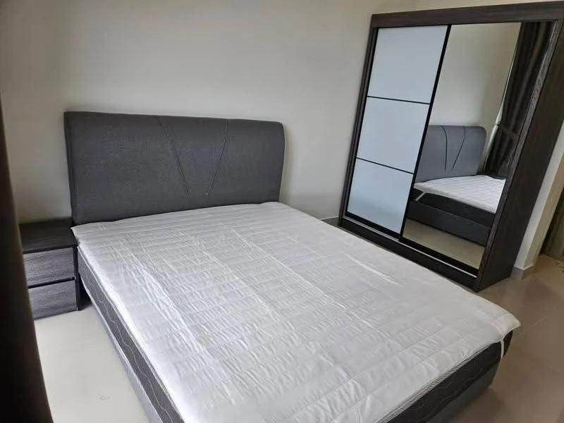 Bedroom features: queen-size bed with upholstered headboard, white bedding, dark wood bedside table, large mirrored wardrobe with sliding doors, cream painted walls, tile flooring, window with curtains, minimalist decor; style: modern.