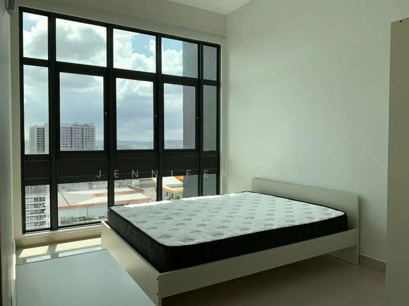 Bedroom features: floor-to-ceiling windows, city view, queen-size bed, light-colored walls, neutral flooring, minimalist design, built-in wardrobe, natural light; style: modern; view: city.
