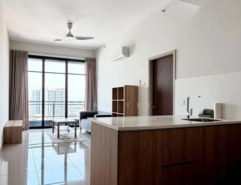 Living features: floor-to-ceiling windows, grey fabric sofa, wooden coffee table, white walls, recessed downlights, 5-blade ceiling fan, air conditioning unit, glossy tile flooring, curtains, open kitchen layout, kitchen island with countertop, stainless-steel sink, single-bowl stainless-steel sink, chrome pull-down faucet; style: modern; view: city.