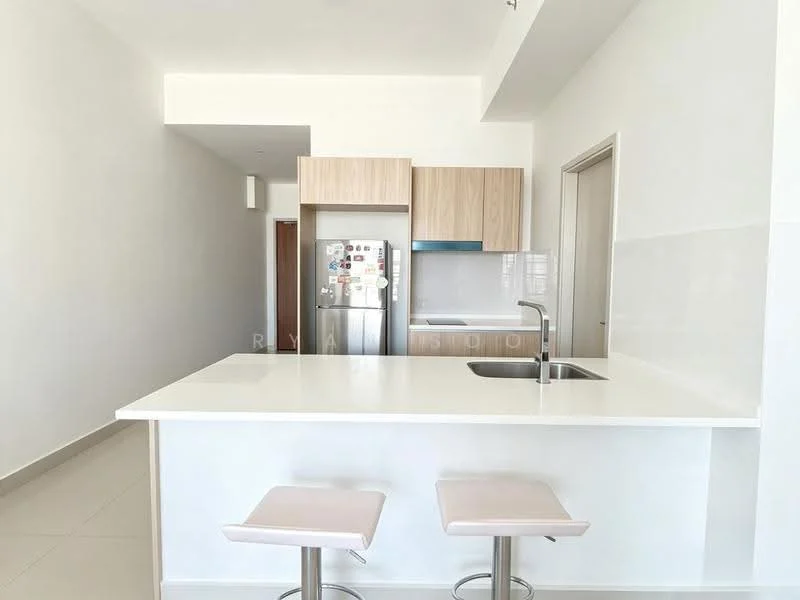 Kitchen features: white quartz countertop, single-bowl stainless-steel sink, chrome pull-down faucet, wood cabinetry with light finish, stainless-steel fridge, built-in oven, ceramic tile flooring, white painted walls, recessed downlights, bar seating with two stools; style: modern.