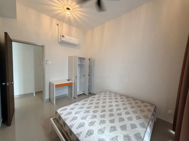 Bedroom features: queen-size bed, white painted walls, grey tiled flooring, 1 wall-mounted split AC, ceiling fan, built-in wardrobe, study desk with orange accent, curtains, light fixture; style: modern.