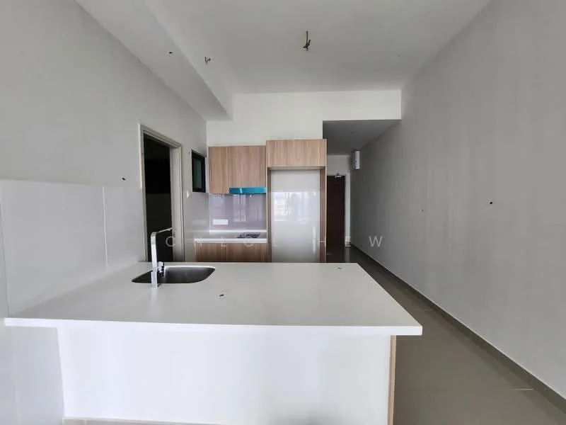 Kitchen features: white painted walls, light grey tiled flooring, white countertop, single-bowl stainless-steel sink, chrome pull-down faucet, wood cabinetry with light wood finish, blue accent cabinetry, open layout, recessed ceiling lights; style: modern. Room features: light grey tiled flooring, white painted walls, recessed ceiling lights.
