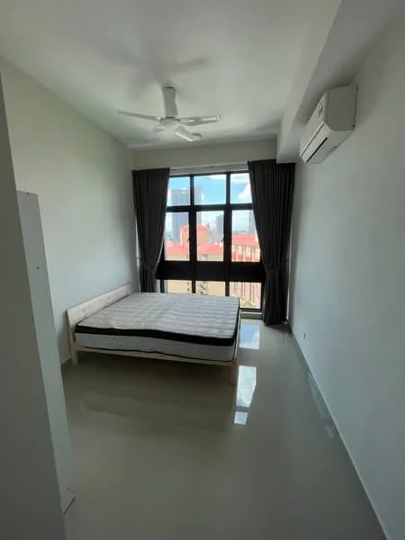 Bedroom features: queen-size bed, 5-blade ceiling fan, floor-to-ceiling windows, grey curtains, light grey painted walls, polished concrete flooring, air conditioning unit, built-in wardrobe; style: modern; view: city.